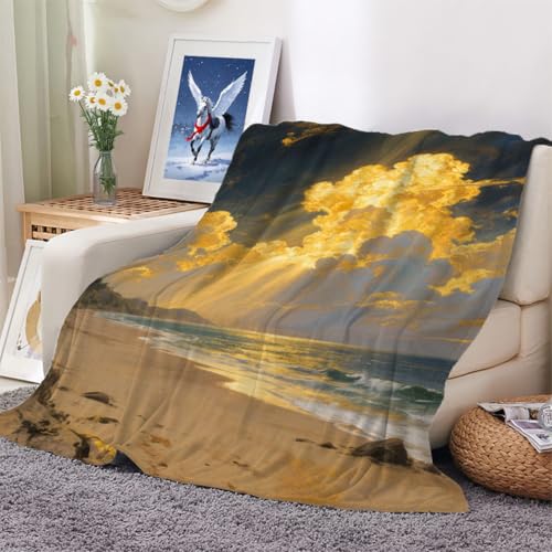 XHENTAI Flannel Throw Blanket for Couch, Soft Plush Velvet Fleece with Decorative Golden Clouds and Sand Design 100x130cm XHENTAI Flannel Throw Blanket for Couch, Soft Plush Velvet Fleece with Decorative Golden Clouds and Sand Design 100x130cm