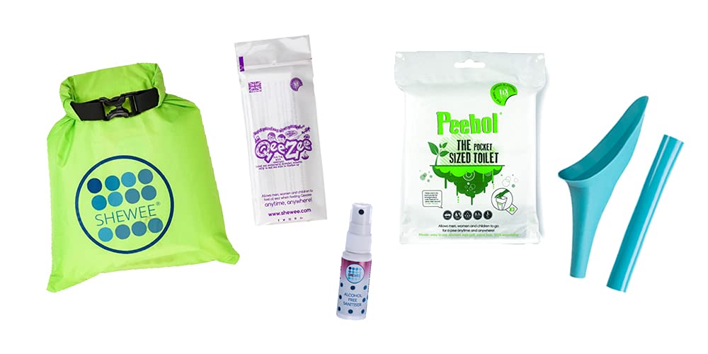 SHEWEEFlexi Travel Pack - Includes Reusable Pee Funnel, Peebol Pocket Sized Toilet, Hand Sanitiser and Dry Bag (Aqua)