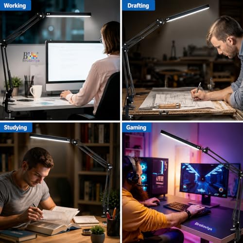 Image of BROLAVIYA Overhead LED Desk Lamp Light with Metal arm Stand,3 Lighting Modes,360 Degree Spin for Home Office,Desktop,Bedroom,Reading, Study lamp etc