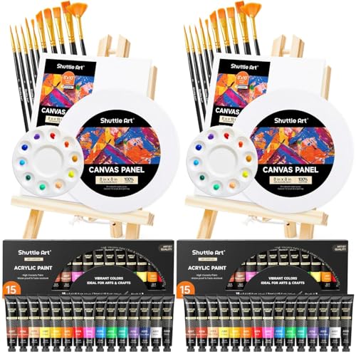 Shuttle Art Kit Peinture Acrylique 58 Pièces, 2 x 15 Tubes Peinture Acrylique (12ml), 2 Chevalets, Toiles, Pinceaux, Palettes, Fournitures Artistiques pour...