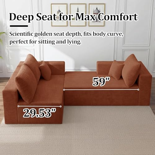 Image of 138 inch Modular Sectional Sofa, U-Shaped Cloud Couch with Deep Seats & Chaise, Convertible 4-in-1 Corduroy Boneless Couches for Living Room, No-Assembly - Brown (Right Facing Chaise)