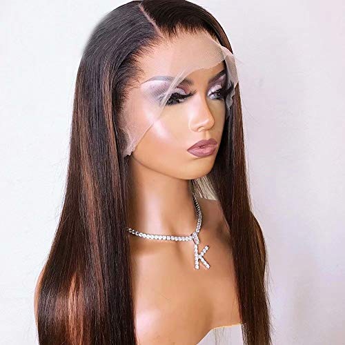 Quinlux Wig Hd Transparent 360 Lace Frontal Wig Pre Plucked #1B/#30 Ombre Black With Brown Highlight Wig Silky Straight 150% Density Remy Hair Lace Wigs With Baby Hair Bleached Knots For Woman 18Inch #TOP1