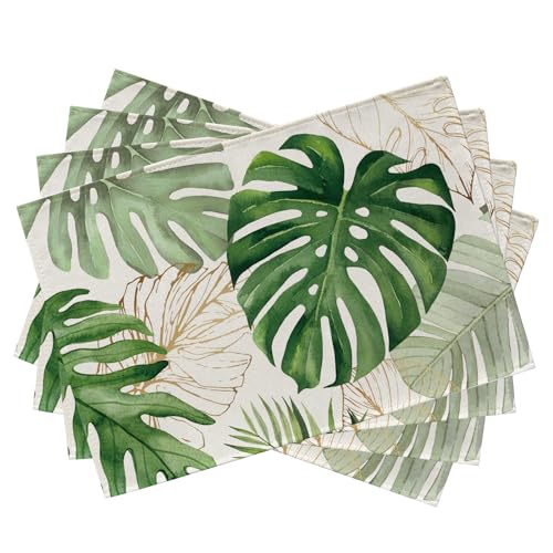 Seliem Spring Summer Palm Leaves Placemats Set of 4, Tropical Greenery Monstera Plant Dining Table Place Mats, Hawaii Seasonal Kitchen Decor Home Decoration 12 x 18 Inch