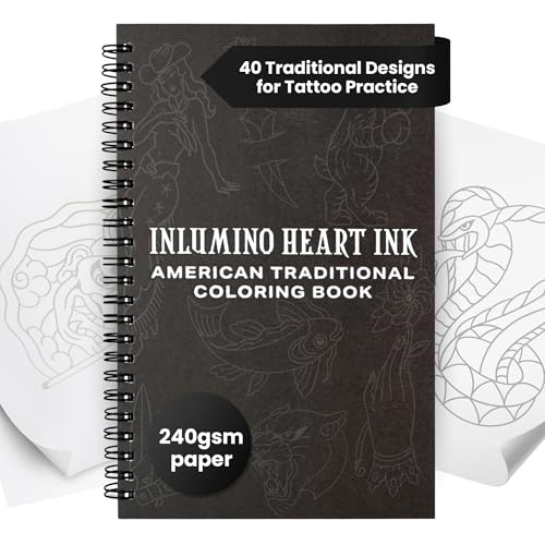 Inlumino Heart Ink Tattoo Practice Coloring Book: American Traditional Spiral Bound Art Book with 40 Designs on 240 GSM Textured Pages Use with Ballpoint Cartridges & Rotary Machines