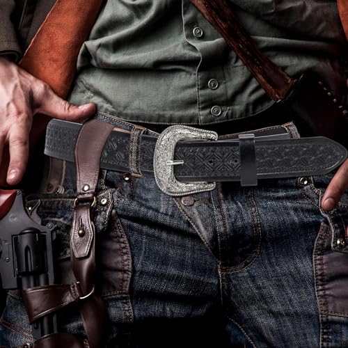 Utaly Men's Casual Leather-Belt, Western-Belt for Women Vintage Carved-Buckle Cowboy-Waist-Belts for Jeans Waist 28"-39"3