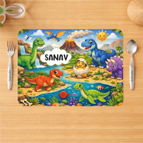 Image of Customized Table Mat with Name & Design Engraving | Personalized Dining Mat with Spoon & Fork | Customized Birthday Gift for Kids (Dino)