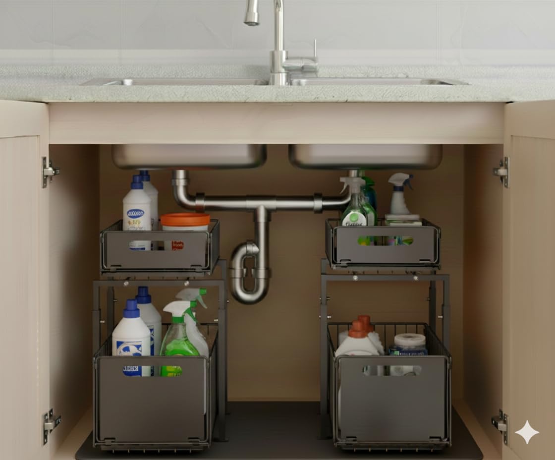 Estantería de Cocina, Organizador de Oficina, de pie, Organizador de Cocina, Archivador Oficina - Almacenaje Cocina - Estantería con Dos Cestas Extensibles- Negro con Dos Niveles.