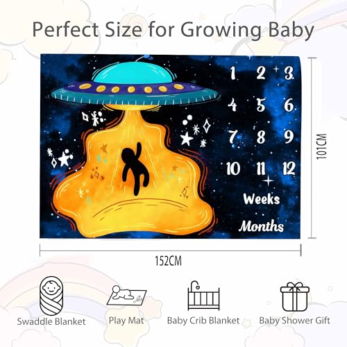 Image of UFO Baby Monthly Milestone Blanket, 60x40in Soft Flannel, Alien Round Spaceship, Newborn Mom Gifts, Baby Shower Age Growth Tracker with Bonus Maker (White Blue, 60x40in)