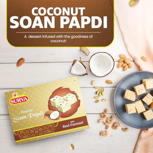 Image of HF, Surya Coconut Soan Papdi- 200g | Made with Real Coconut, Fresh Besan | No Preservatives | Almond Pistachio Garnish Delicious Festival Gift Sweets