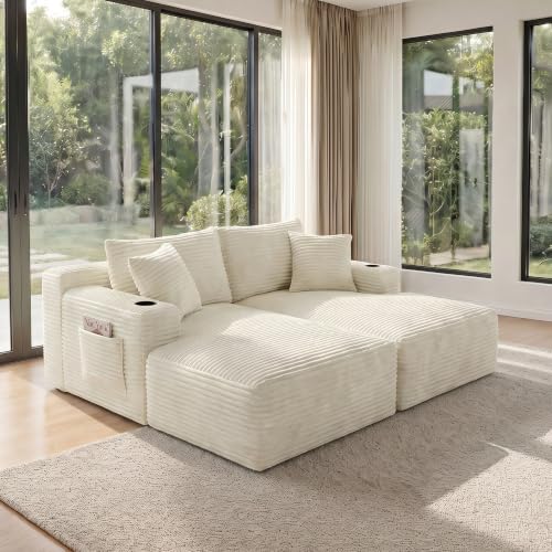 Image of 133 inch U-Shaped Modular Sectional Sofa, Corduroy Boneless Couch, Beige