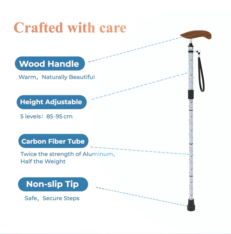 Bastón para mujeres y hombres, bastón plegable para viajes y uso diario, elegante bastón con patrón de océano azul, diseño ajustable, fibra de carbono