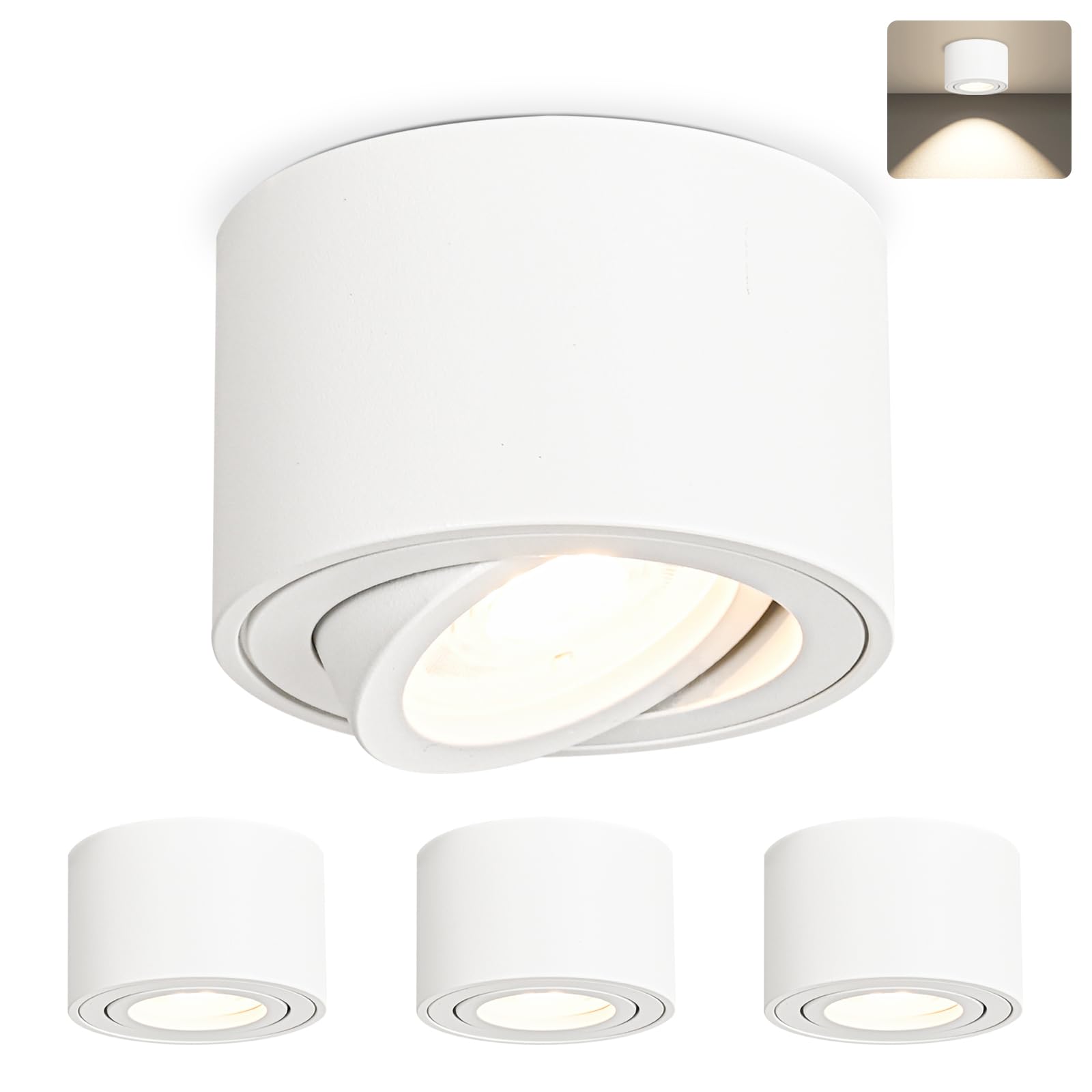 GeyouLux 4x LED Aufbauspot Weiß - Extra Flach & 38° Schwenkbar Deckenspots - Ø80x50mm - Aufputz Spots Decke inkl. 5W 4000K LED Modul 230V, Deckenstrahler Aufbaustrahler