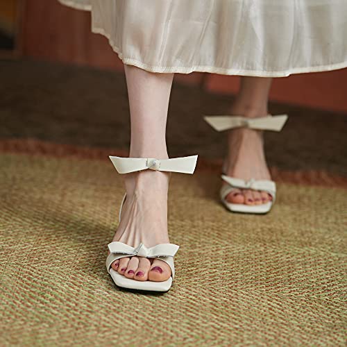 Lehoor Women Peep Toe Sandals Chunky Low Heel Ankle Buckle Strap Sandals Bowknot Square Toe Matte Leather 1 Inch Low Block Heel Sandals Summer Cute Trendy Office Wedding Dress Shoes White Size 11 #TOP5