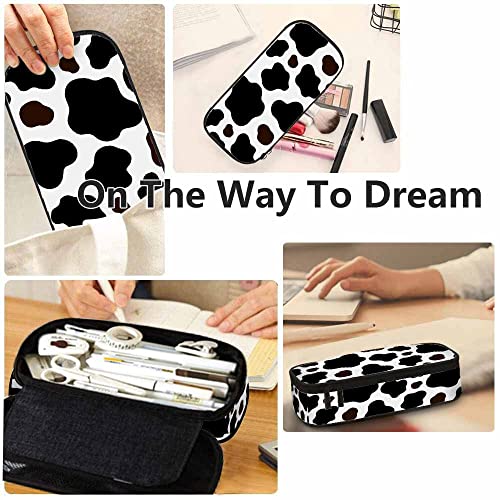 Image of Yekiua Cow Pencil Holder Brown Black White Spotted Skin Fur Big Capacity Pencil Case Multi-Purpose Makeup Pouch For Office College Adult