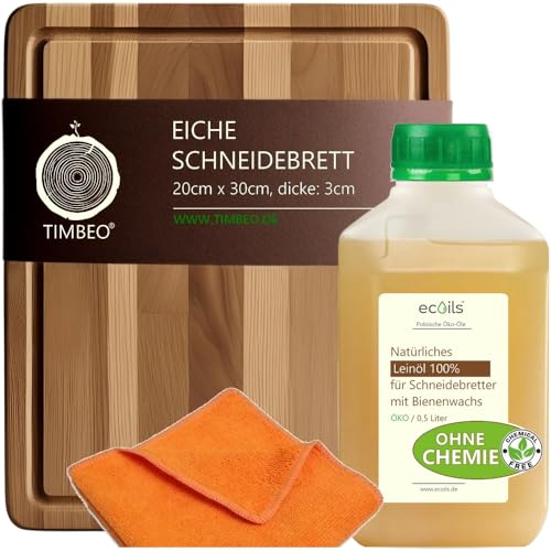 TIMBEO Tagliere in Legno QUERCIA | Set: OLIO di Lino 100% Naturale per Taglieri | LEGNO MASSELLO 30 x 20cm, Spessore 3cm | Extra Resistente e STABILE 2kg | Prodotto nell'UE (Polonia), non in CINA