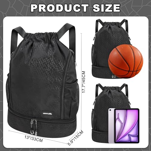Image of HOLYLUCK Drawstring Backpack Gym Bag with Shoe Compartment for Soccer,Basketball, String Swim Beach Bag for Men Women, Black