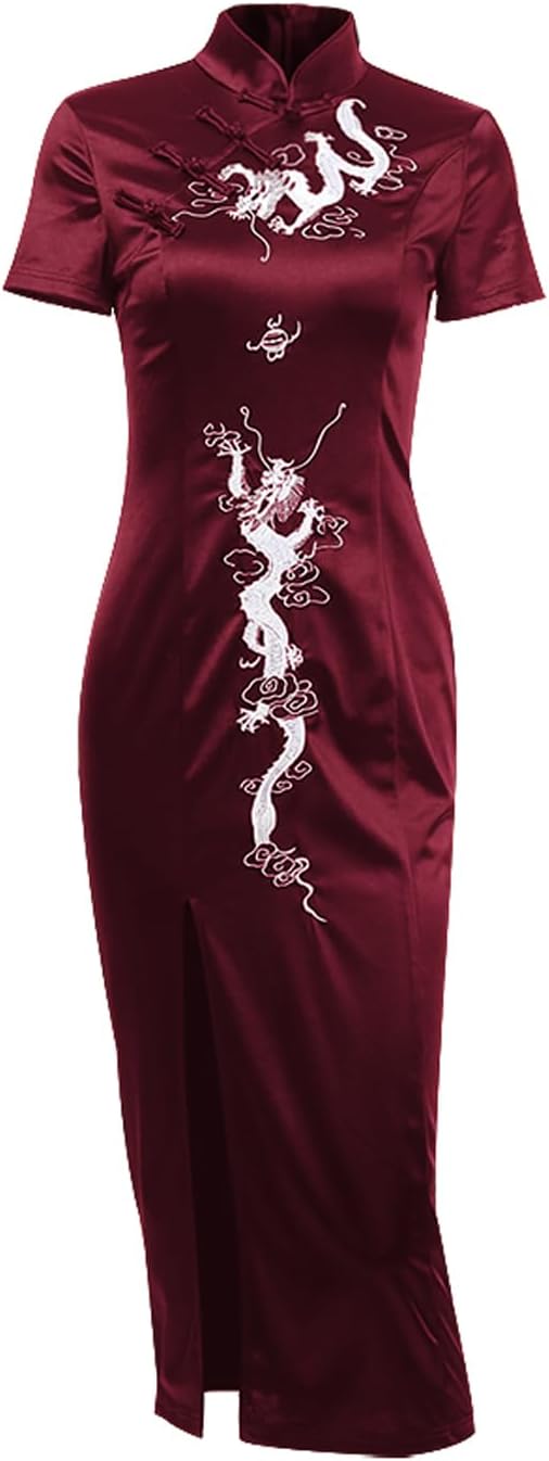 Womens Chinese Clothing Gothic Dress Cheongsam Dresses Vintage Black Slit Hem Sexy Evening Dress