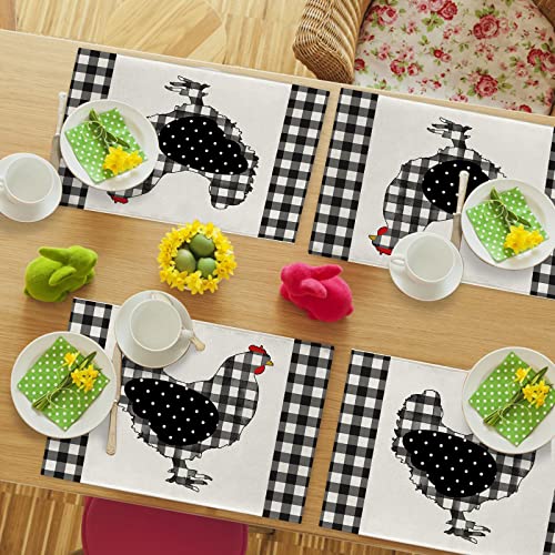 Seliem Farm Chicken Hen Animal Placemats Set Of 4, Black White Buffalo Check Plaid Farmhouse Chick Dining Table Place Mats, Spring Summer Country Rustic Kitchen Decor Home Decoration 12 X 18 Inch #TOP6