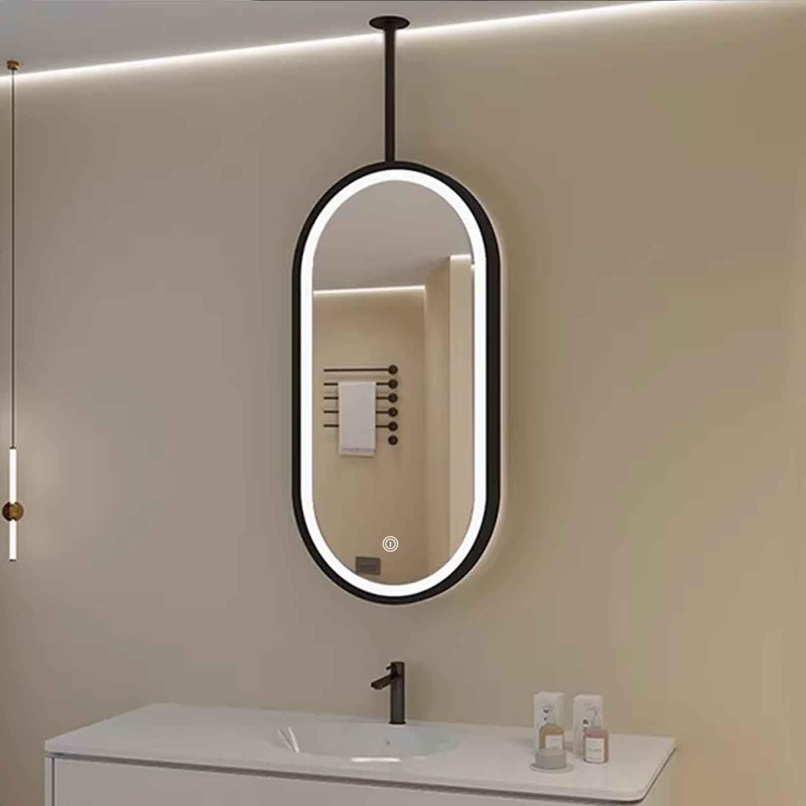 FGXHHS Modern LED Mirror, Ceiling Mounted for Makeup, Black Oval Vanity Makeup Shaving Mirrors - Customizable Rod(60cmx90cm)