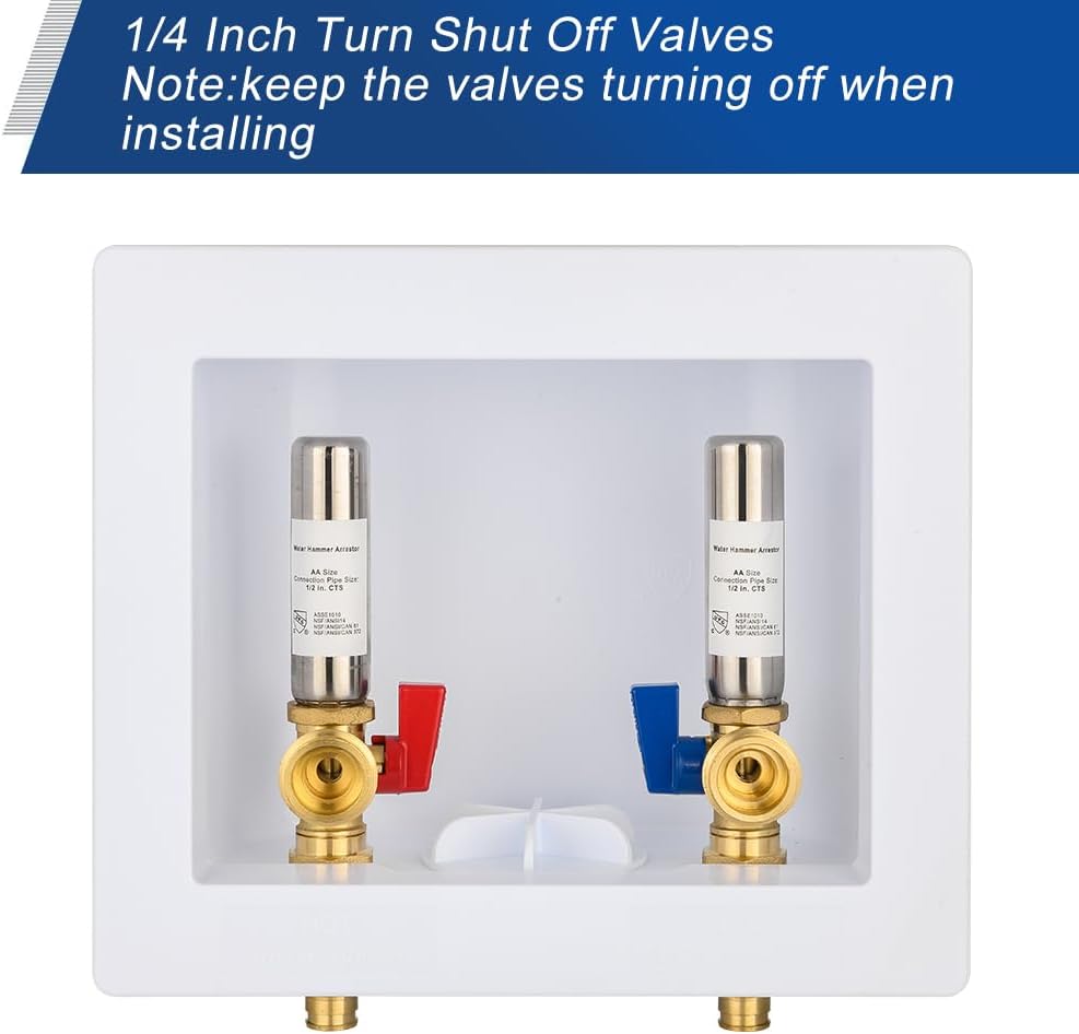 EFIELD Universal Washing Machine Outlet Box, 1/2-inch Pex-A Expansion Fitting Connection With Stainless Steel Water Hammer Arrestor, Center Drain,(WM053)