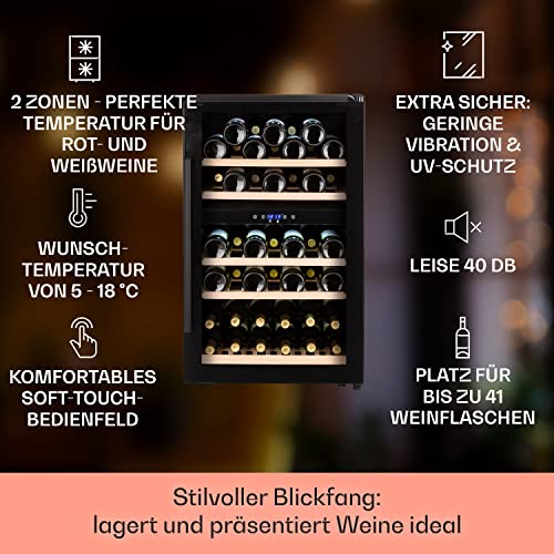 Klarstein Weinkühlschrank, Getränkekühlschrank Schmal, 2 Zonen Kühlschrank mit Glastür, Getränkekühlschränke Freistehend, Weinkühlschrank Klein, Weinkühlschränke mit UV-Schutz, 5-22 °C, 29 Flaschen