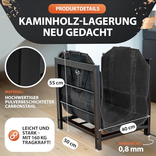 Eklavia Kaminholzregal mit Canvas-Tasche 50×40×55 cm – pulverbeschichtetes Brennholzregal/Holzlager – saubere und ordentliche Holzaufbewahrung – für innen & außen