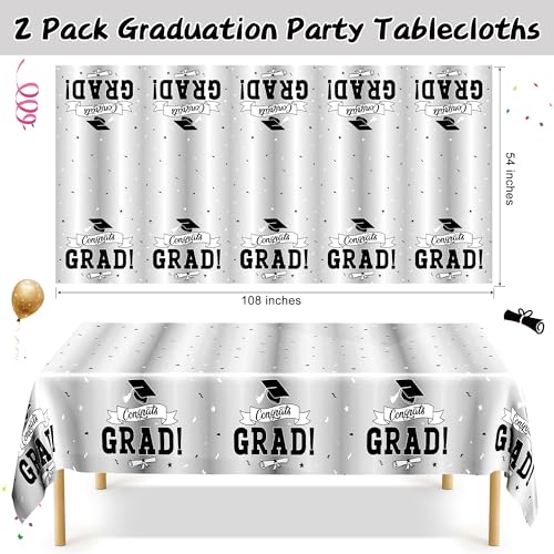 Image of 2 Pcs 2026 Graduation Table Decorations, 108 inch X 54 inch Silver Graduation Table Cloths, Rectangle TableCovers for Grad Party Supplies, Disposable Plastic Tablecover for Class 2026 Congrats Grad for Kids