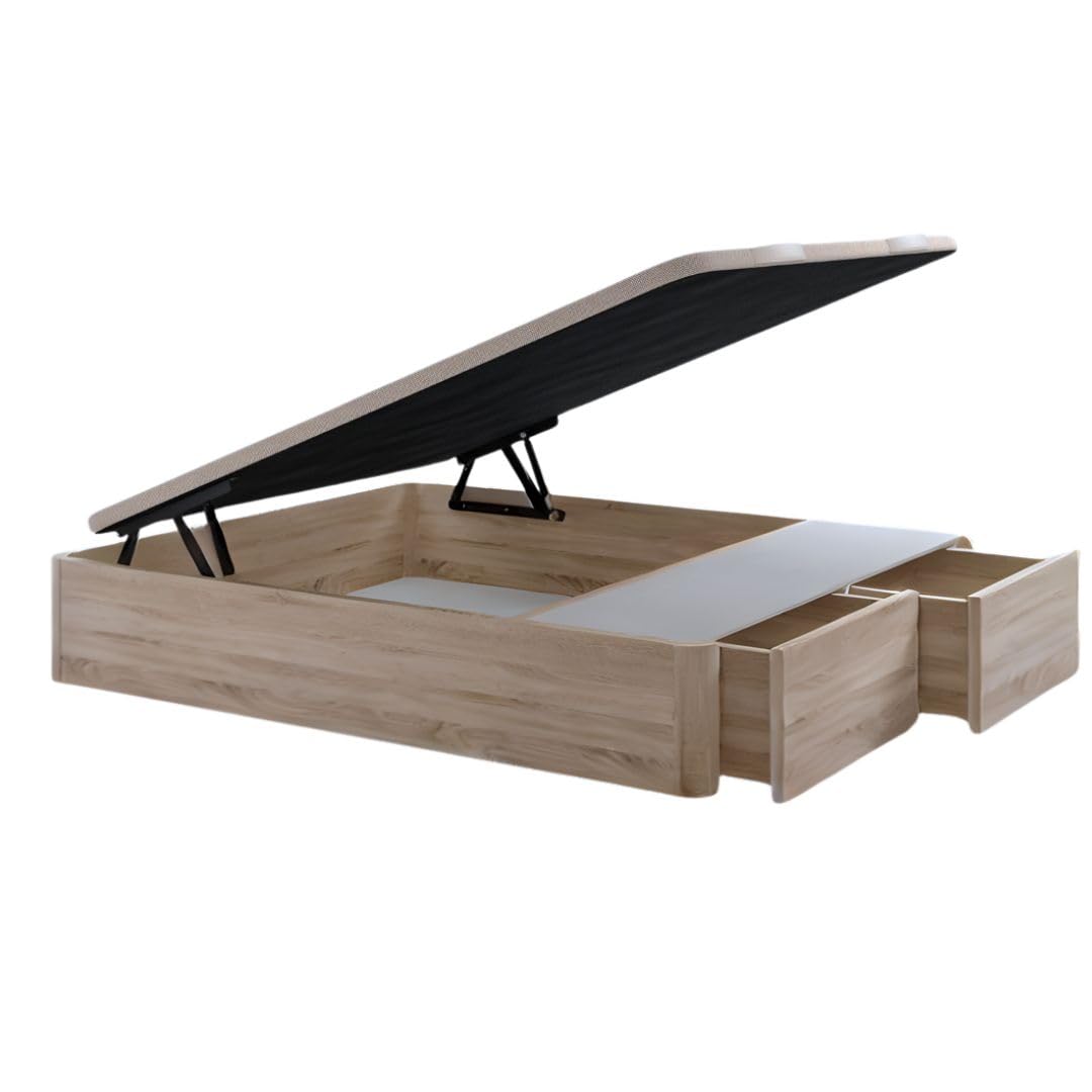 SoloDuerme | Canapé Abatible con Cajones Frontales 150x190cm Classy con Gran Capacidad de Almacenamiento (Roble con Base 3D Beige)