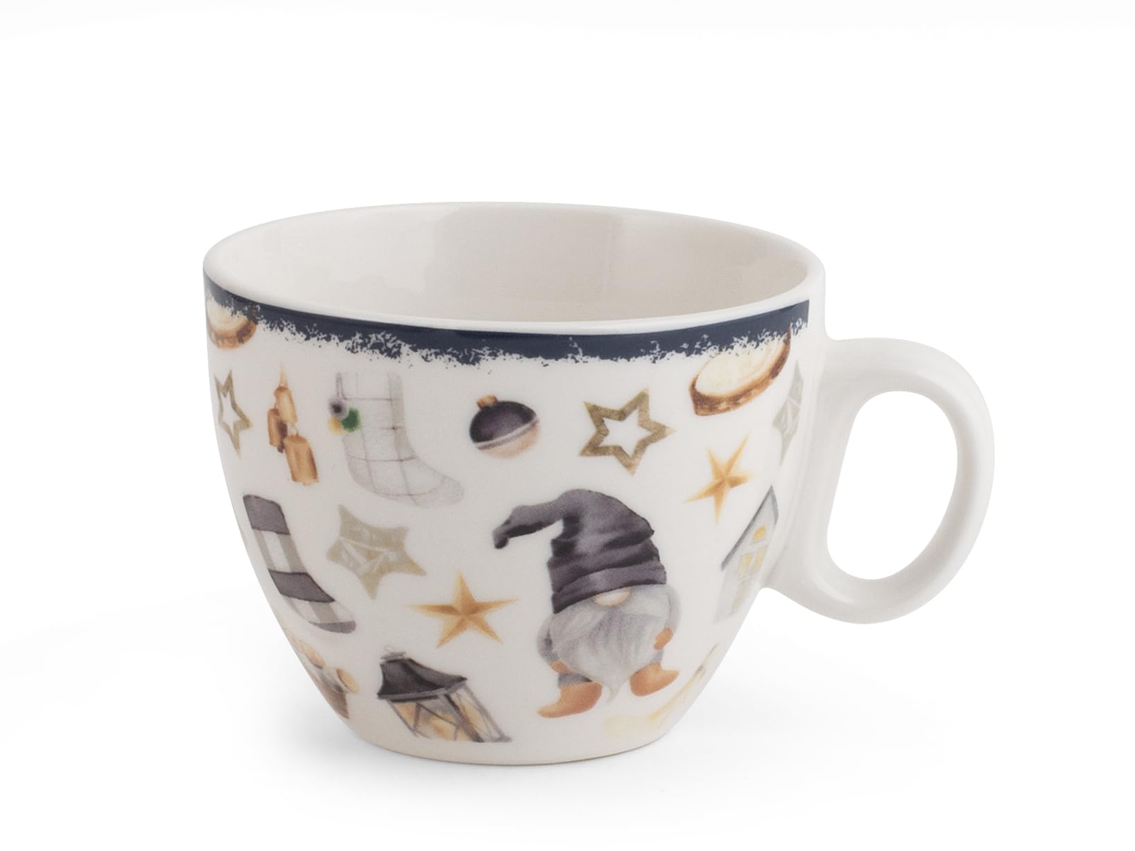 H&H, set 12 tazze te' Noel, tazze natalizie, tazze decorate, decori assortiti, in porcellana New Bone China, 220 cc