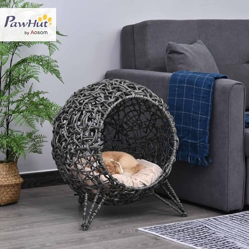 PawHut Katzenhaus aus Rattan mit Kissen Katzenschlafplatz Katzenhöhle mit erhöhten Füßen Silbergrau Ø52 x 58 cm