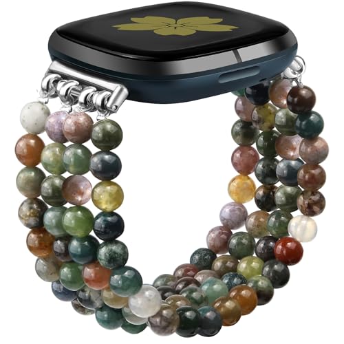 Newlibery Natural Stone Beaded Bracelet Watch Band Women for Fitbit Versa 4/Versa 3/Sense 2/Sense Bands Feminine Cute Handmade Boho Elastic Stretch Strap Replacement Agate Healing Stones Wristband