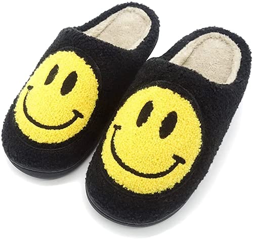 Smiley Face Slipper Retro Soft Plush Comfy Warm Slip-on Slippers Comfy Faux Fur House Slipper Scuff Slip on Anti-Skid Sole for Women Men Girls Boys with Memory Foam (10-11 Women/9-10 Men,Style-2)