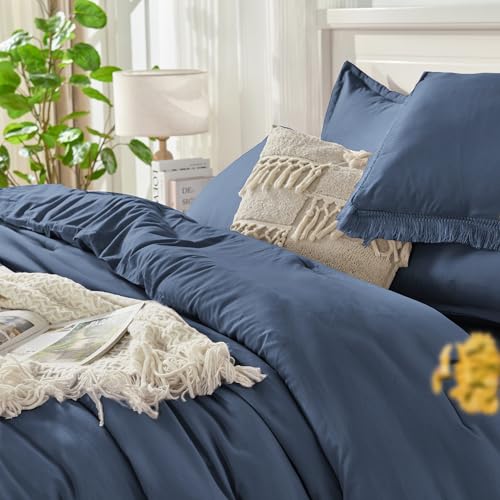 Image of Andency Full Size Comforter Set Bluish Grey -7 Pieces Boho Tassel Bed in a Bag Soft Lightweight Bedding Sets, Fringe All Season Bed Set with Comforter, Sheets, Pillowcases & Shams