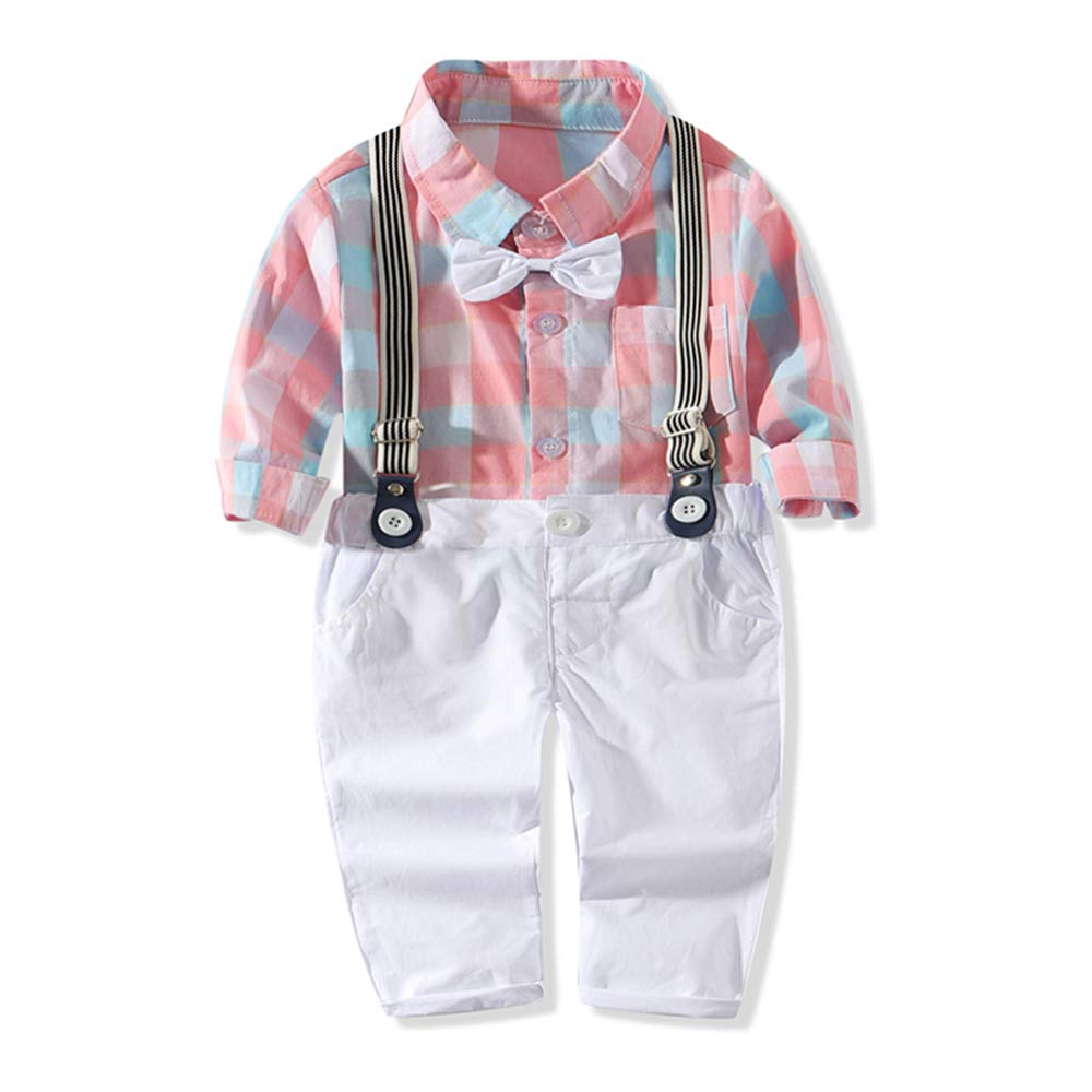 Hywer Baby Boys Gentleman Outfits Suits, Infant Long Sleeve Shirt+Bib Pants+Bow Tie Overalls Clothes Set (Pink, 0-6month?70#?)