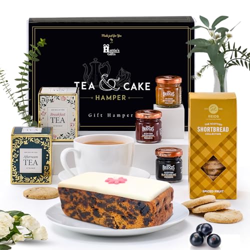 Hatties Gifts Afternoon Tea Hamper for 2 Cake Gift Set English Tea Iced Fruit Cake Shortbread & Jams Food Gift Box for Men & Women