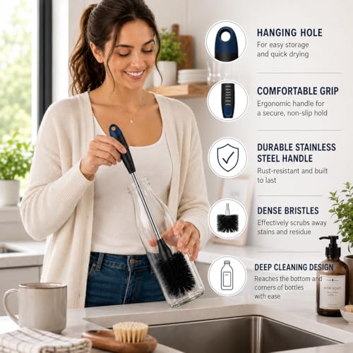 Image of 3Pcs Bottle Cleaner Brush Set, 15 inch Long Handle Washing Bottle Cleaning Brushes for Narrow Neck Water Bottles Tumblers Straws Coffee Mugs Sport Bottles Flasks and Thermos Lid Cup Brush