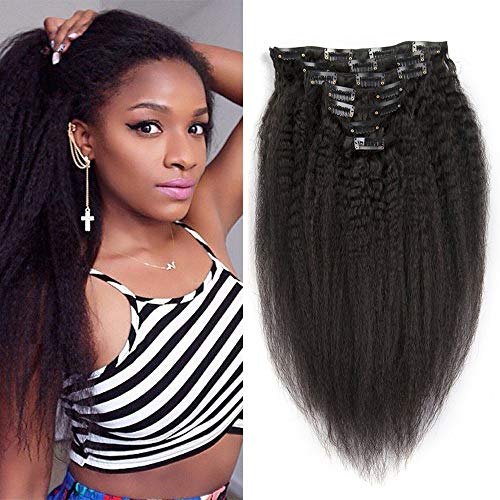 Kinky Straight Clip In Hair Extensions Unprocessed Kinky Straight Hair Clip Ins Natural Hair 7pcs/set Corase Yaki Clip In Human Hair Extensions For Black Women (10inch-120g,Natural Color)