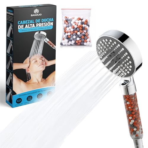BAMAJO© Alcachofa de ducha Alta Presión, con Filtro 5 Tipos de Chorros, Cabezal de Ducha de Alta Presión, Ahorro de Agua y Antical con Filtración de 3 Capas y Piedras   Shower Head