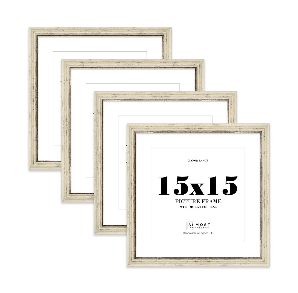 15x15" Distressed Cream Picture Frame - 15x15" Square Frame with 13x13" Mount for 15x15"/13x13" Pictures Luxurious Style Photo Display, 4 Pack