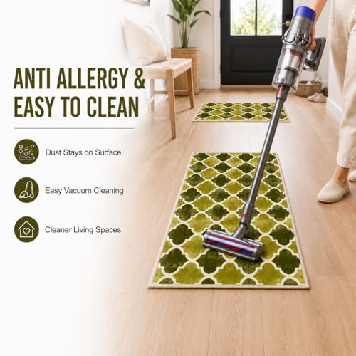 Image of Matz&More Anti Slip Kitchen Runner & Doormat Combo (50x120cm + 40x60cm), Nylon Tufted Floor Mat with Rubber Backing, Carpet for Bedroom, Bathroom, Entrance & Bedside, Trellis Two Toned Olive