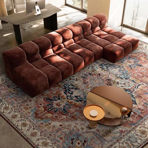Deerly Large Washable Area Rug 8x10 for Living Room Bedroom Boho Vintage Rug for Dining Room Non-Slip Soft Low-Pile Thin, Brickred/Multi