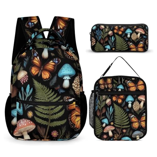 Backpack Bookbag Set Backpack with Lunch Box and Makeup Bag Travel Bookbag Daypack Set (Goth Moon Frogs Moth Magical Mushroom Leaves (1))