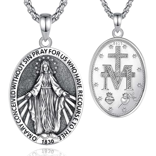 INFUSEU Sterling Silver Virgin Mary Our Lady of Guadalupe Necklace for Women Men Miraculous Medal Jewelry