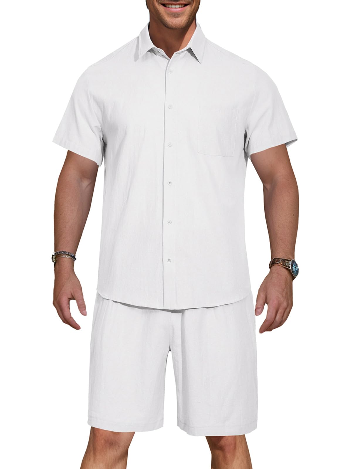 HOTIAN HOTIAN Camisa de hombre de manga corta, ajustada, de lino, para el tiempo libre, verano, manga corta, básica