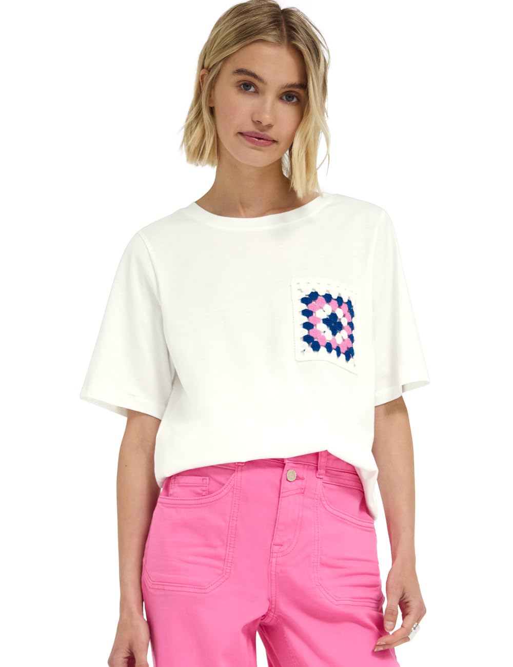 Street One Studio T-Shirt with Crew Neck and Crochette Pocket Off White 42