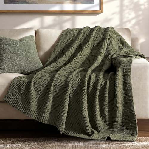 EVERGRACEHOME Modern Checkered Chenille Throw Blanket Soft Cozy Plaid Knitted Chair Blanket for Sofa Couch Decorative Knit Throw for Bed and Living Room Olive Green 50 x 60