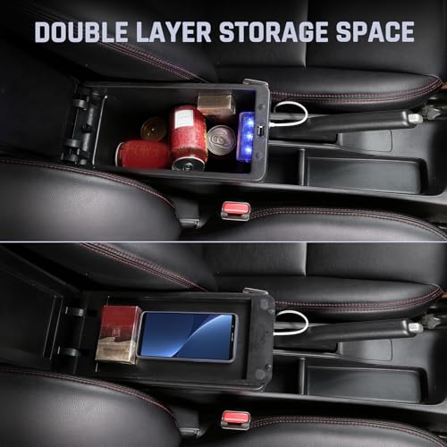 Image of YJYWZH Double Layer Armrest Box for Honda Fit Jazz 2009-2013 Car Interior Storage Center Console with 3 USB Port Black (Black with Black Thread)