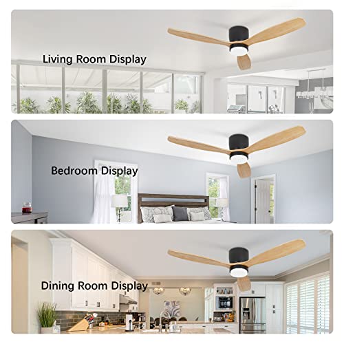 Raccroc Low Profile Ceiling Fan With Light,Flush Mount Ceiling Fan With Remote,3 Natural Solid Wood Ceiling Fans With Lights,22W Led Light,6 Speeds,Reversible Quiet Dc Motor(Matte Black) #TOP6