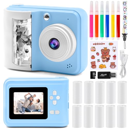 Cámara Digital instantánea, con Papel de impresión y Tarjeta TF 32G, cámara de vídeo con Plumas de Colores para Bricolaje, Sombreros Disfraz Accesorio