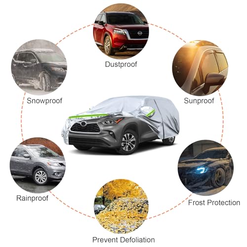 Image of Waterproof Car Covers Replace for 2008-2025 Toyota Highlander, 6 Layers Silver All Weather Car Cover with Zipper Door & Windproof Bands for Snow Rain Dust Hail Protection